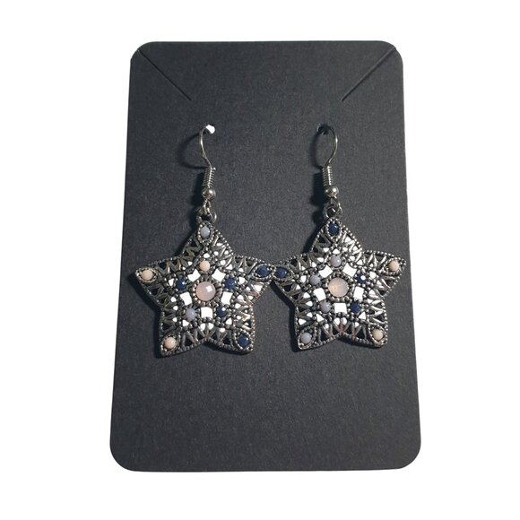 Star Shaped Filigree Dangling Earrings Pink Purple Beaded Hook Lightweight - Picture 2 of 4